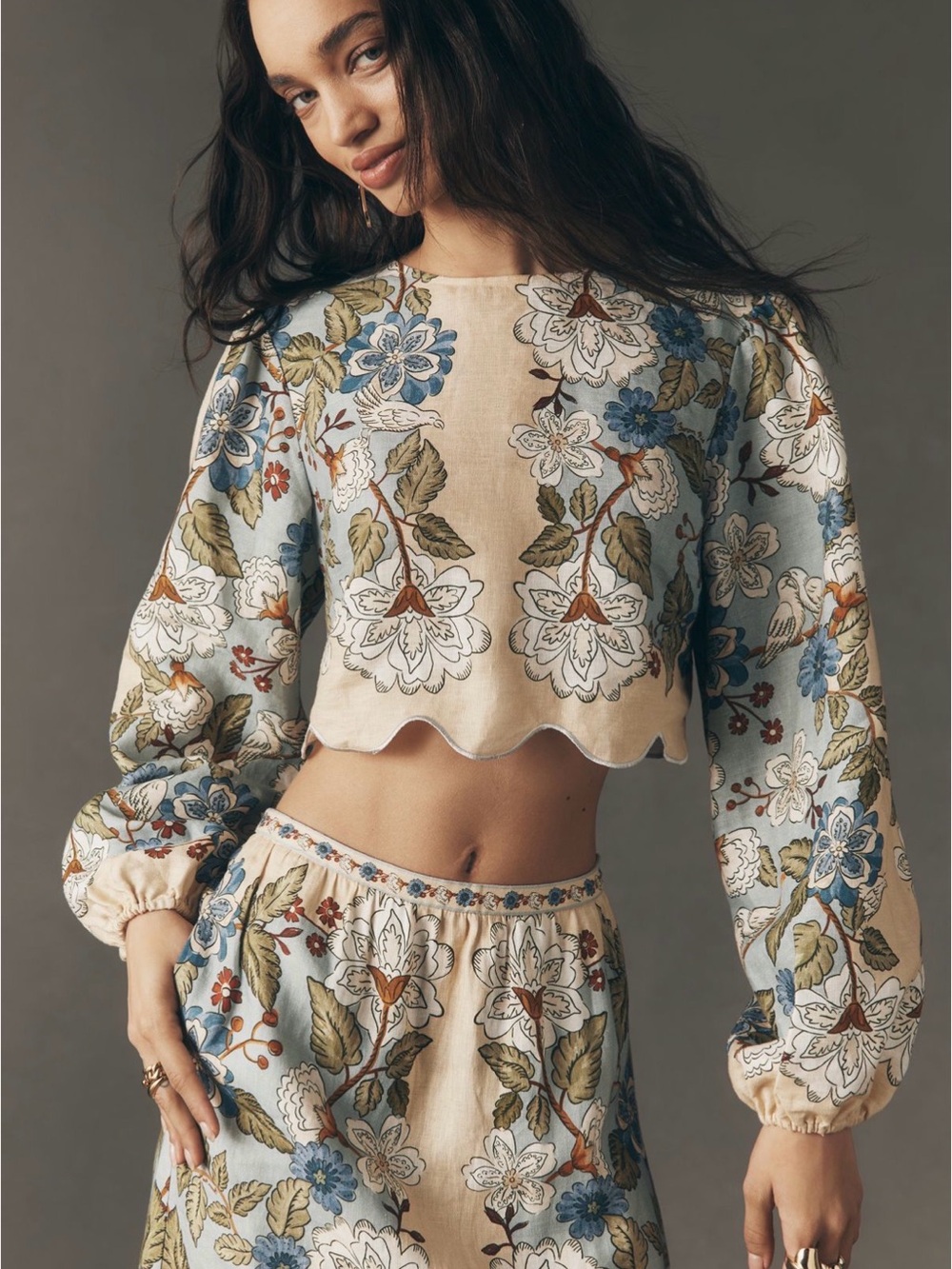 FARM Rio Blue, Cream & Olive Floral Scallop-Hem Crop Top